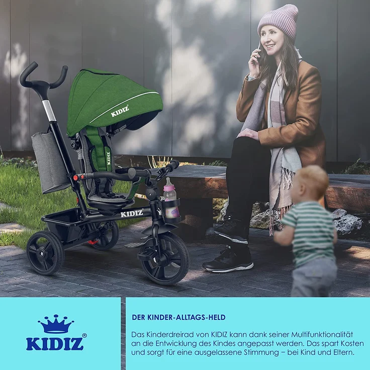 KIDIZ® Dreirad 5in1 Kinderdreirad mit Schubstange Lenksystem Stange ab 1 Jahr vorwärts und Rückwärtsfahrt Jogger , Korb Tasche Getränkehalter Sonnendach Gummiräder, Buggy Fahrrad Baby Klappbar Khaki – Bild 7