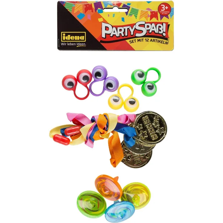 Idena 40439 - Partyspaß Set mit 12 Artikel, 4 Kreisel, 4 Gold Medaillen und 4 Fingerringe Wackelaugen, in trendigen Farben