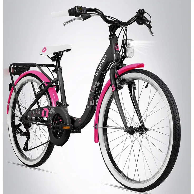 Bergsteiger Jugendfahrrad Atlantis, 18 Gang Shimano Tourney RD-TY300 Schaltwerk, Kettenschaltung, 24 Zoll, RH 34 cm, schwarz/pink