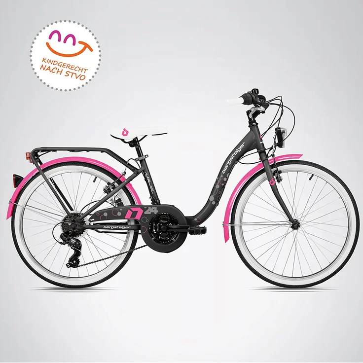 Bergsteiger Jugendfahrrad Atlantis, 18 Gang Shimano Tourney RD-TY300 Schaltwerk, Kettenschaltung, 24 Zoll, RH 34 cm, schwarz/pink – Bild 3