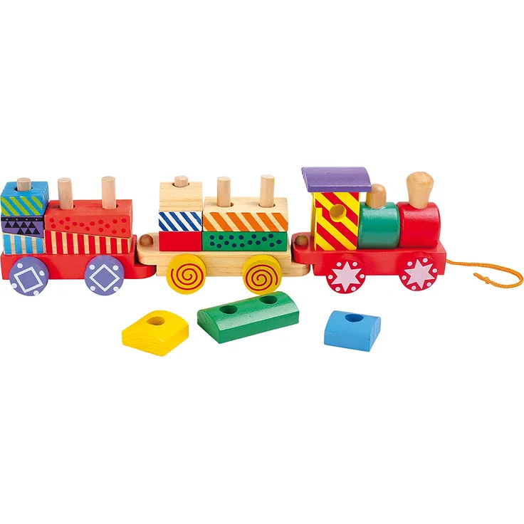 small foot 3498 Zug Kunterbunt aus Holz, 13 bunte Holzbausteine und eine Lokomotive mit zwei Waggons