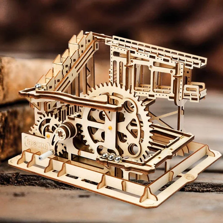 Robotime bausatz Kugelbahn Zahnradbahn Untersetzer Holz braun 238-teilig – Bild 3