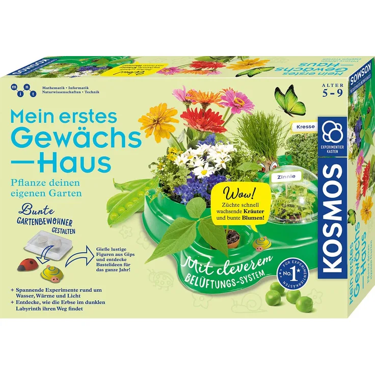 Kosmos 632083 Mein erstes Gewächshaus, Das Original, Erstes Gärtnern für Kinder ab 5 Jahre, Komplett-Set mit Samen, Erde usw. Experimentierkasten zu Garten, Pflanzen, Blumen, Biologie