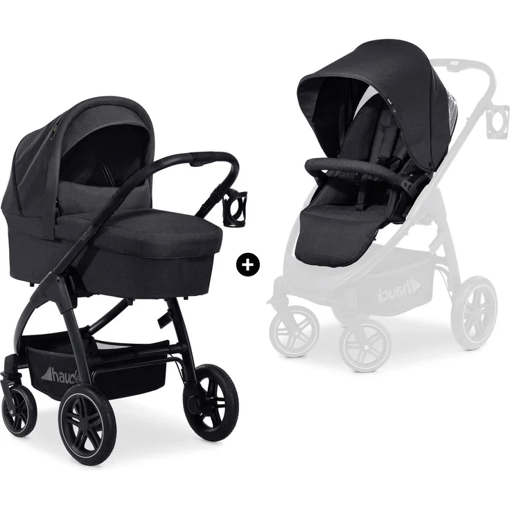 Hauck Kinderwagen 2 in 1 Saturn R Duoset mit Babywanne, Buggy bis 25 kg, Beindecke, Wendbarer Sitz mit Liegefunktion, Höhenverstellbar, Klein Klappbar, Getränkehalter, Großer Korb, Melange Schwarz – Bild 1
