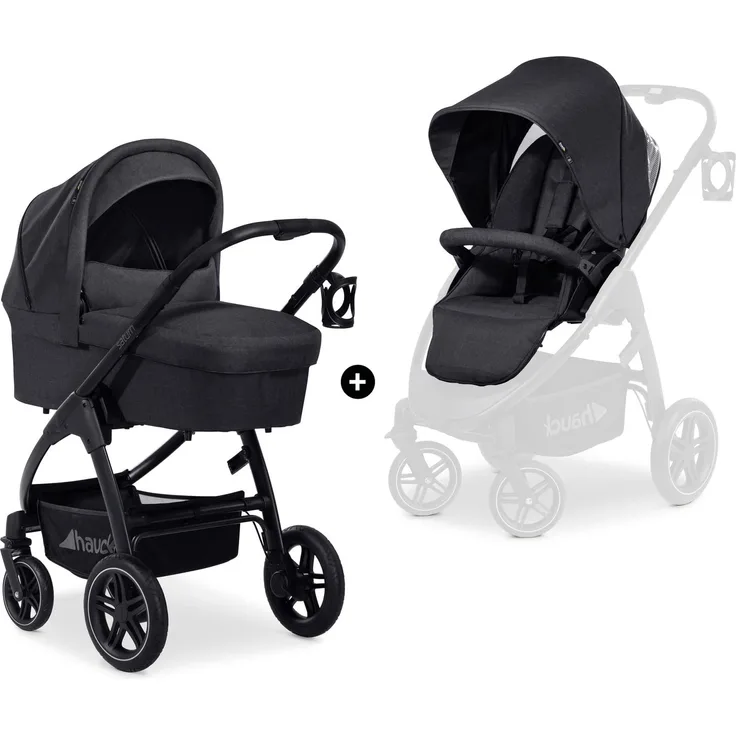 Hauck Kinderwagen 2 in 1 Saturn R Duoset mit Babywanne, Buggy bis 25 kg, Beindecke, Wendbarer Sitz mit Liegefunktion, Höhenverstellbar, Klein Klappbar, Getränkehalter, Großer Korb, Melange Schwarz