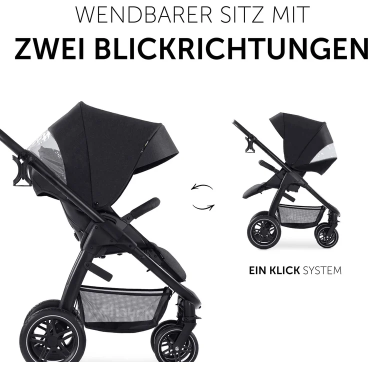 Hauck Kinderwagen 2 in 1 Saturn R Duoset mit Babywanne, Buggy bis 25 kg, Beindecke, Wendbarer Sitz mit Liegefunktion, Höhenverstellbar, Klein Klappbar, Getränkehalter, Großer Korb, Melange Schwarz – Bild 6