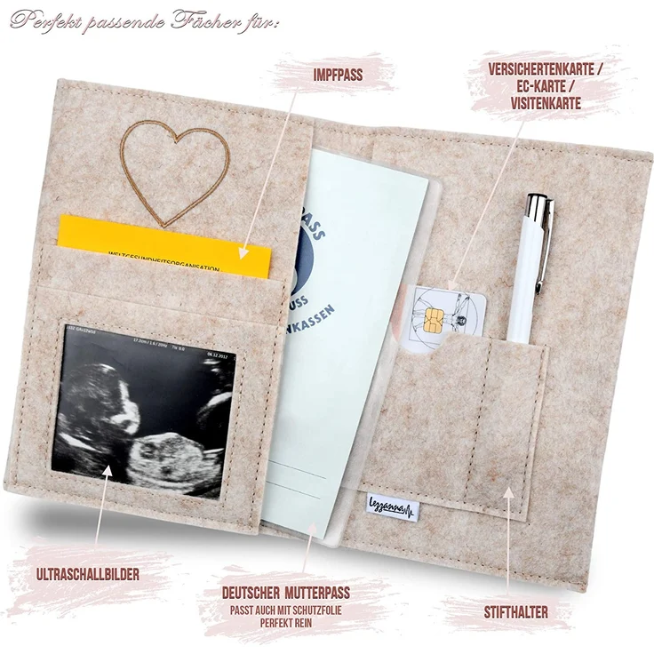 Lezzanna - Mutterpasshülle aus Filz - Mutterpass Tasche - Dokumententasche - in 4 Farben - viele Fächer für Ultraschallbilder und vieles mehr - Geschenk für Schwangere - Organizer – Bild 3