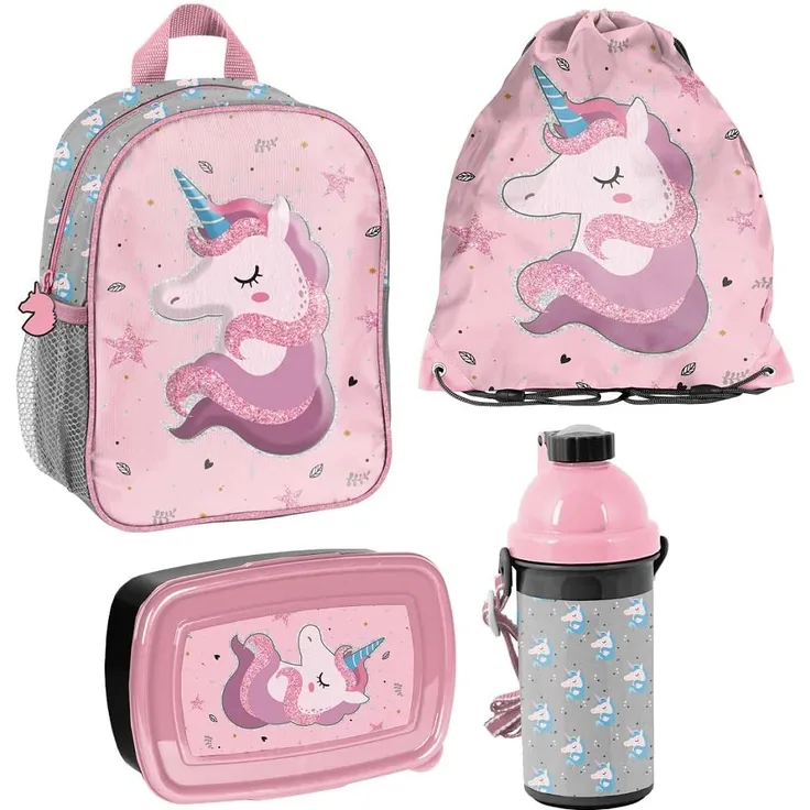 Mädchen Rucksack 4tlg. mit Brotbox und Trinkflasche UNICORN / EINHORN Kindergarten Set