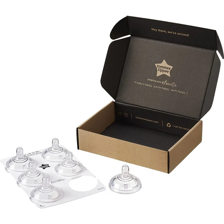 Tommee Tippee Closer to Nature Trinksauger, Natürlich Geformt mit Anti-Kolik Ventil, Weiches Silikon, Schneller Milchfluss, ab 6 Monate, 6-er Set, 423681, Clear, 6er Pack