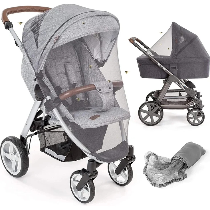 Universal Insektenschutz / Mückennetz für Kinderwagen & Buggy - idealer Schutz vor Wespen & Stechmücken Dank feinem Netzgewebe - Premium QUALITÄT: reißfest & waschbar, mit Tasche - Grau, Schwarz – Bild 1