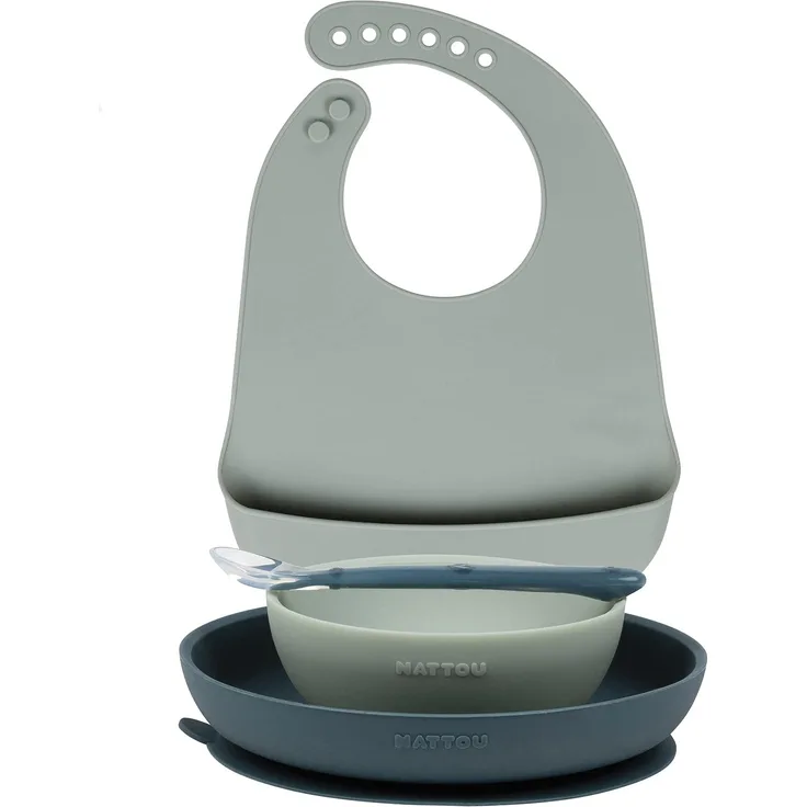 Nattou Silikon-Geschirr für Kinder, 4-tlg, 1 Löffel, 1 Teller, 1 Schale, 1 Lätzchen mit Auffangschale, BPA-frei, Silicon, Grün/Blau