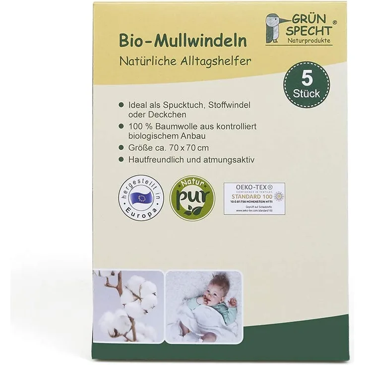 GRÜNSPECHT Bio-Mullwindeln 70x70cm aus 100 % Baumwolle (kbA), Spucktücher, ohne optische Aufheller, hautfreundlich & saugstark, 5 Stück, weiß (692-00)