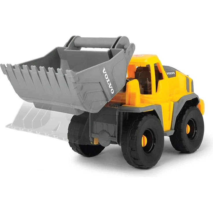 Dickie Toys Volvo Freilauf Radlader, Spielzeug Bagger, Baustellenfahrzeug, bewegliche Schaufel und kippbar, offene Kabine, Länge 26 cm, gelb/grau – Bild 1