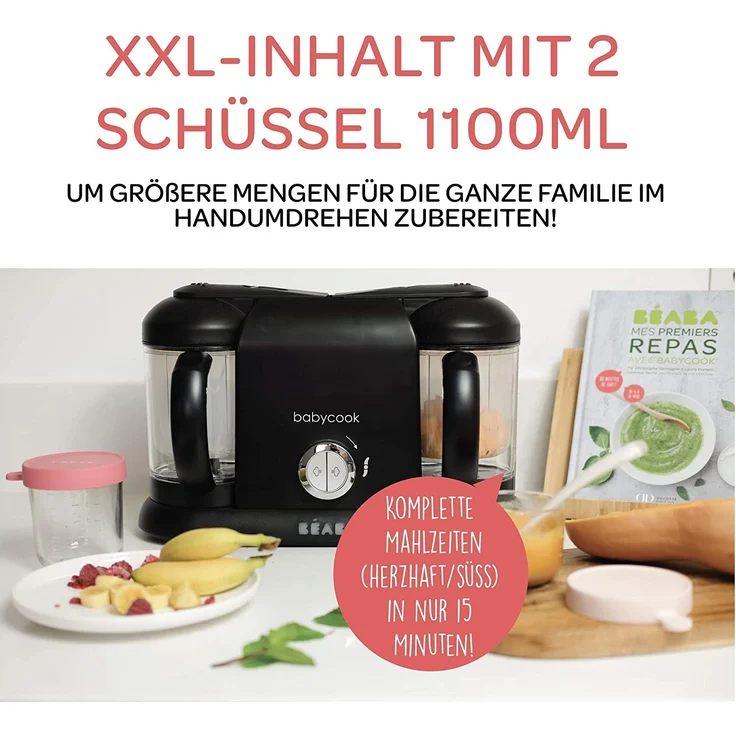 BÉABA Babycook Duo 4-in-1-Babynahrungszubereiter - Dampfgarer - Schnelles Dampfgaren in 15 Minuten - 2.200 ml XXL-Fassungsvermögen - Schwarz – Bild 3
