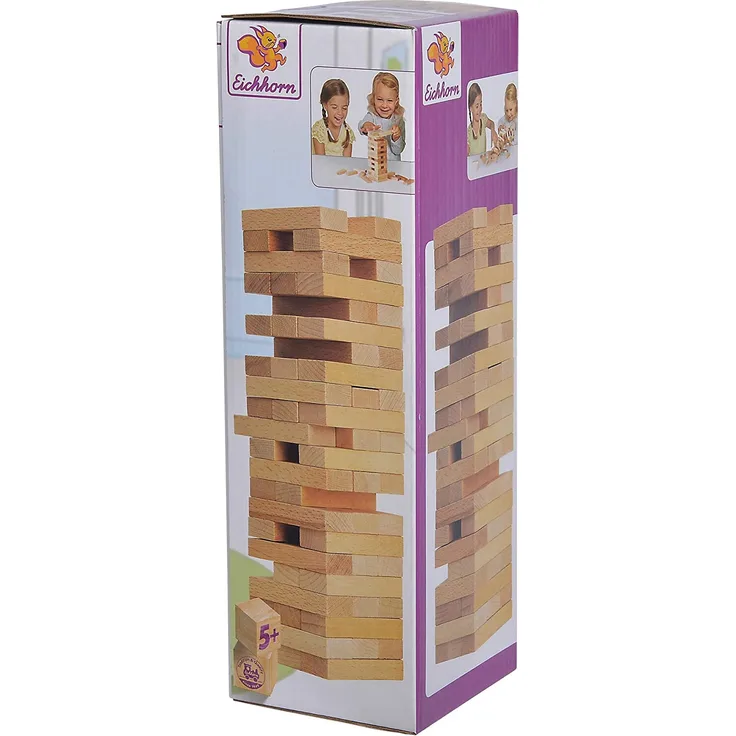 Eichhorn Stapelspiel, Geschicklichkeitsspiel für die ganze Familie, Balance Tower gefertigt aus unbehandelten Holz, Wackelturm 54 teilig, geeignet ab 5 Jahren