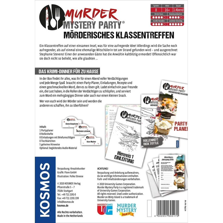 Kosmos Murder Mystery Party - Mörderisches Klassentreffen - Das Krimi-Dinner für zu Hause, Komplett-Set für 8 Personen ab 16 Jahren, Partyspiel, unterhaltsames Gesellschaftsspiel - Preisvergleich – Bild 2