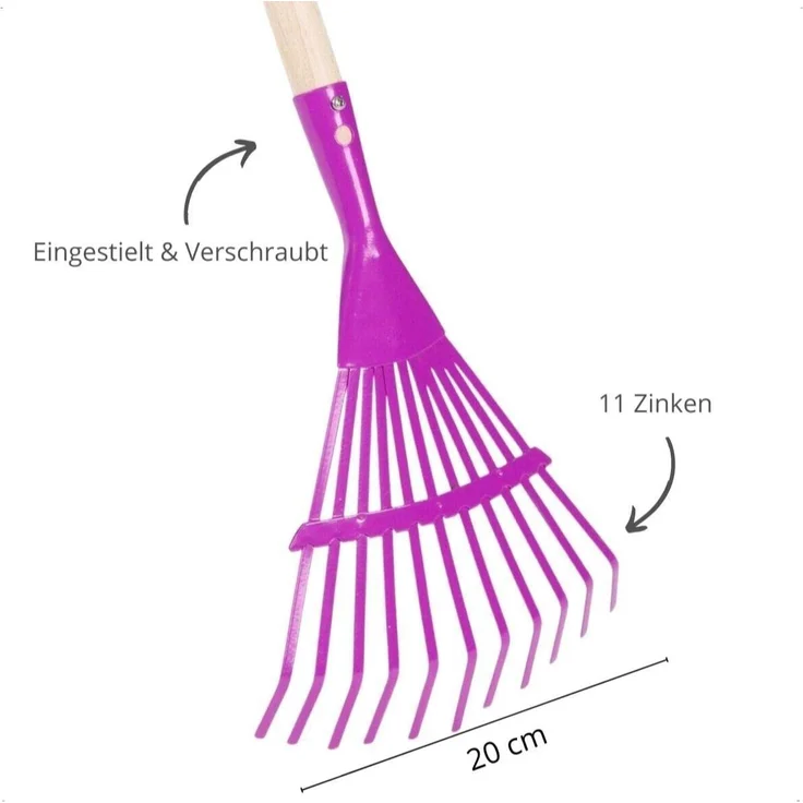 Rekord Kinder Gartengeräte Set 5-teilig (Schaufel (Gelb), Spitzspaten (Rot), Rechen (Grün), Besen (Grün), Laubbesen (Lila)- Metall - Holz-Stiel (76cm) Gartenspielzeug, Gartenset, Kinder-Gartenwerkzeug – Bild 6