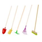 Rekord Kinder Gartengeräte Set 5-teilig (Schaufel (Gelb), Spitzspaten (Rot), Rechen (Grün), Besen (Grün), Laubbesen (Lila)- Metall - Holz-Stiel (76cm) Gartenspielzeug, Gartenset, Kinder-Gartenwerkzeug