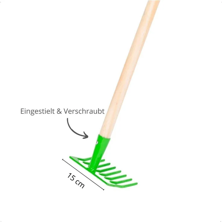 Rekord Kinder Gartengeräte Set 5-teilig (Schaufel (Gelb), Spitzspaten (Rot), Rechen (Grün), Besen (Grün), Laubbesen (Lila)- Metall - Holz-Stiel (76cm) Gartenspielzeug, Gartenset, Kinder-Gartenwerkzeug – Bild 5