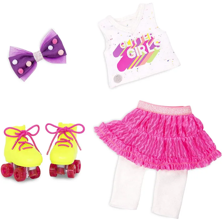 Glitter Girls Deluxe Puppenkleidung 36 cm Puppen – Roller Skating Outfit – Rock, Leggings, Top, Rollschuhe, Schleife (6 Teile) Spielzeug ab 3 Jahren