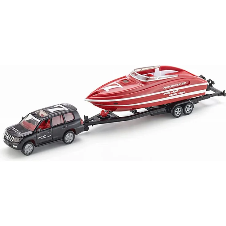 Siku 2543, PKW mit Motorboot, 1:55, Metall/Kunststoff, Schwarz/Rot, Schwimmfähiges Spielzeugboot