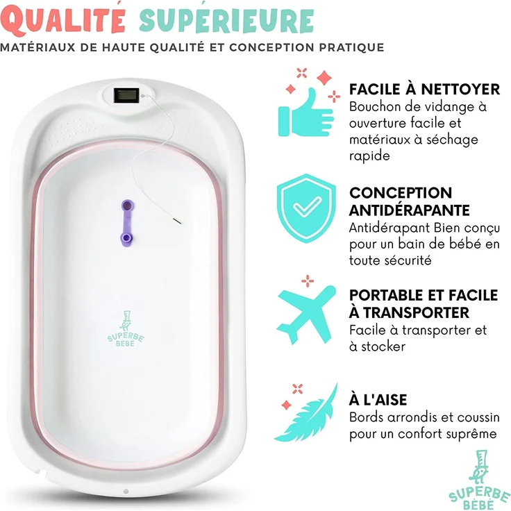 Faltbare Babybadewanne mit rutschfestem Badekissen / Badewanne XXL mit Thermometer zur Kontrolle der Wassertemperatur / 3-Stufen-Badewanne - Ab Geburt bis 2 Jahre / 5 Plastikbälle gratis - (PINK) – Bild 3