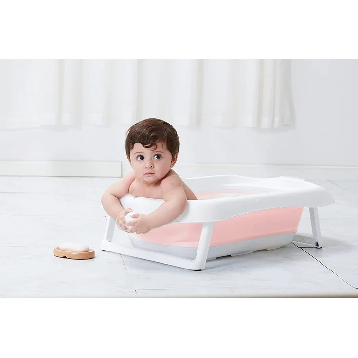Faltbare Babybadewanne mit rutschfestem Badekissen / Badewanne XXL mit Thermometer zur Kontrolle der Wassertemperatur / 3-Stufen-Badewanne - Ab Geburt bis 2 Jahre / 5 Plastikbälle gratis - (PINK) – Bild 9