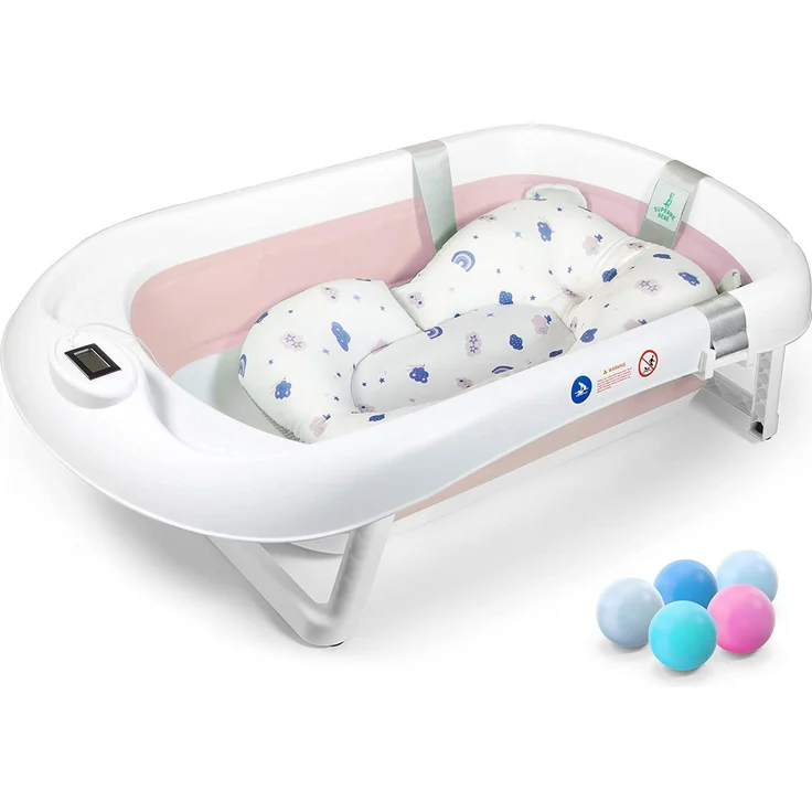Faltbare Babybadewanne mit rutschfestem Badekissen / Badewanne XXL mit Thermometer zur Kontrolle der Wassertemperatur / 3-Stufen-Badewanne - Ab Geburt bis 2 Jahre / 5 Plastikbälle gratis - (PINK) – Bild 1