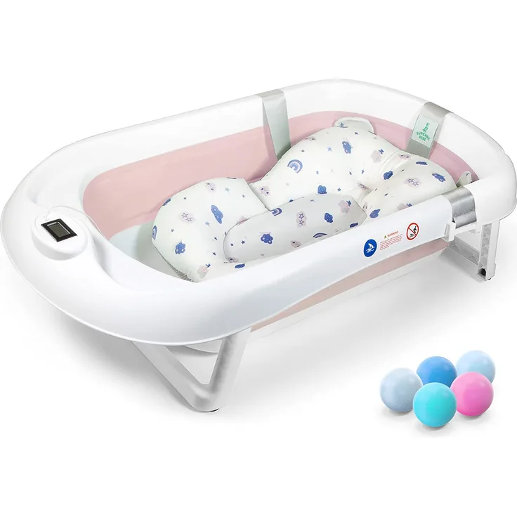 Faltbare Babybadewanne mit rutschfestem Badekissen / Badewanne XXL mit Thermometer zur Kontrolle der Wassertemperatur / 3-Stufen-Badewanne - Ab Geburt bis 2 Jahre / 5 Plastikbälle gratis - (PINK)