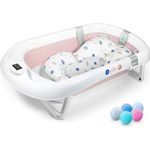 Faltbare Babybadewanne mit rutschfestem Badekissen / Badewanne XXL mit Thermometer zur Kontrolle der Wassertemperatur / 3-Stufen-Badewanne - Ab Geburt bis 2 Jahre / 5 Plastikbälle gratis - (PINK)