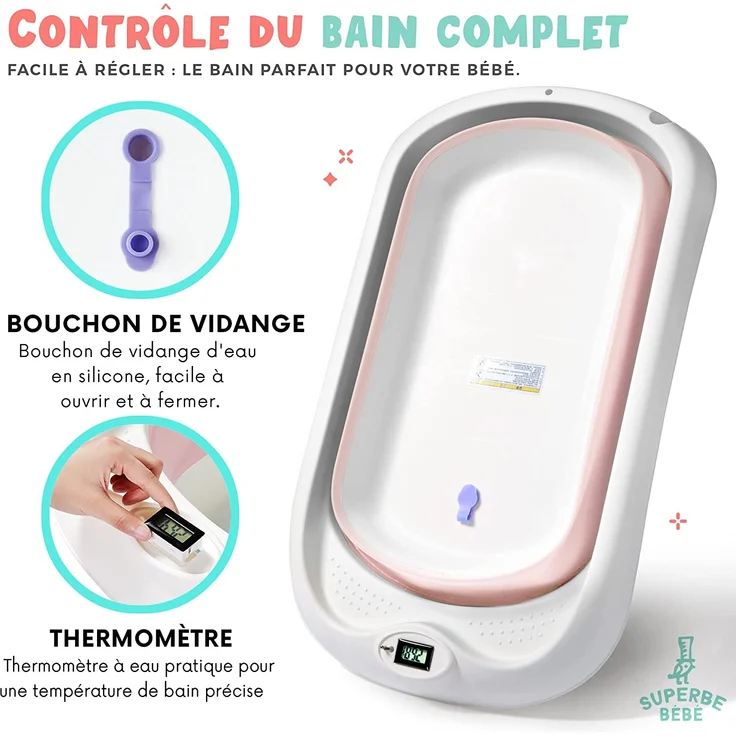Faltbare Babybadewanne mit rutschfestem Badekissen / Badewanne XXL mit Thermometer zur Kontrolle der Wassertemperatur / 3-Stufen-Badewanne - Ab Geburt bis 2 Jahre / 5 Plastikbälle gratis - (PINK) – Bild 4