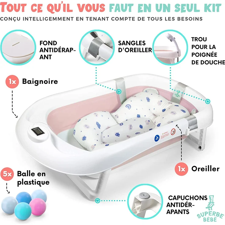 Faltbare Babybadewanne mit rutschfestem Badekissen / Badewanne XXL mit Thermometer zur Kontrolle der Wassertemperatur / 3-Stufen-Badewanne - Ab Geburt bis 2 Jahre / 5 Plastikbälle gratis - (PINK) – Bild 5