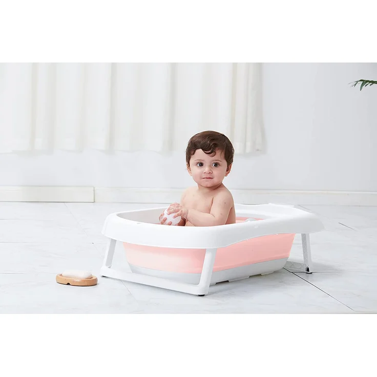 Faltbare Babybadewanne mit rutschfestem Badekissen / Badewanne XXL mit Thermometer zur Kontrolle der Wassertemperatur / 3-Stufen-Badewanne - Ab Geburt bis 2 Jahre / 5 Plastikbälle gratis - (PINK) – Bild 8