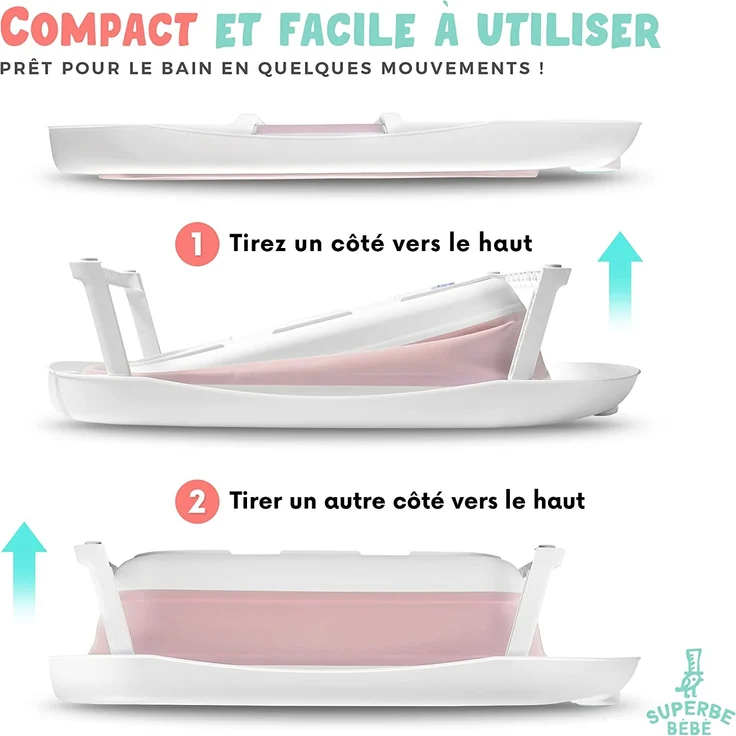 Faltbare Babybadewanne mit rutschfestem Badekissen / Badewanne XXL mit Thermometer zur Kontrolle der Wassertemperatur / 3-Stufen-Badewanne - Ab Geburt bis 2 Jahre / 5 Plastikbälle gratis - (PINK) – Bild 2