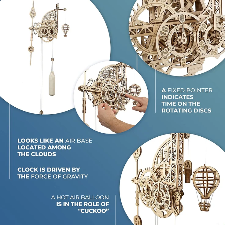 UGEARS Aero Uhr 3D Puzzle - Pendeluhr Aero Clock - Modellbau 3D Holzpuzzle Holzbausatz - Modellbausatz für Erwachsene aus Holz - Mechanisches Modell - Wanduhr mit Pendel - Mechanische Bausätze – Bild 3