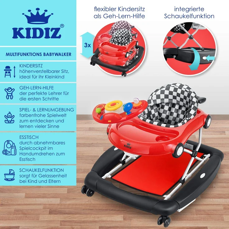 KIDIZ® 4in1 Lauflernhilfe Babywalker Spiel- und Lauflernwagen Gehfrei - Schaukelfunktion Babywippe mit Rollen, Licht, Musik ,Spielecenter Esstisch Laufstuhl Laufhilfe babys ab 6 Monaten Klappbar Rot - Preisvergleich – Bild 2