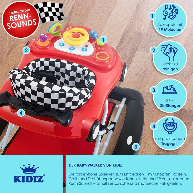 KIDIZ® 4in1 Lauflernhilfe Babywalker Spiel- und Lauflernwagen Gehfrei - Schaukelfunktion Babywippe mit Rollen, Licht, Musik ,Spielecenter Esstisch Laufstuhl Laufhilfe babys ab 6 Monaten Klappbar Rot - Preisvergleich – Bild 5