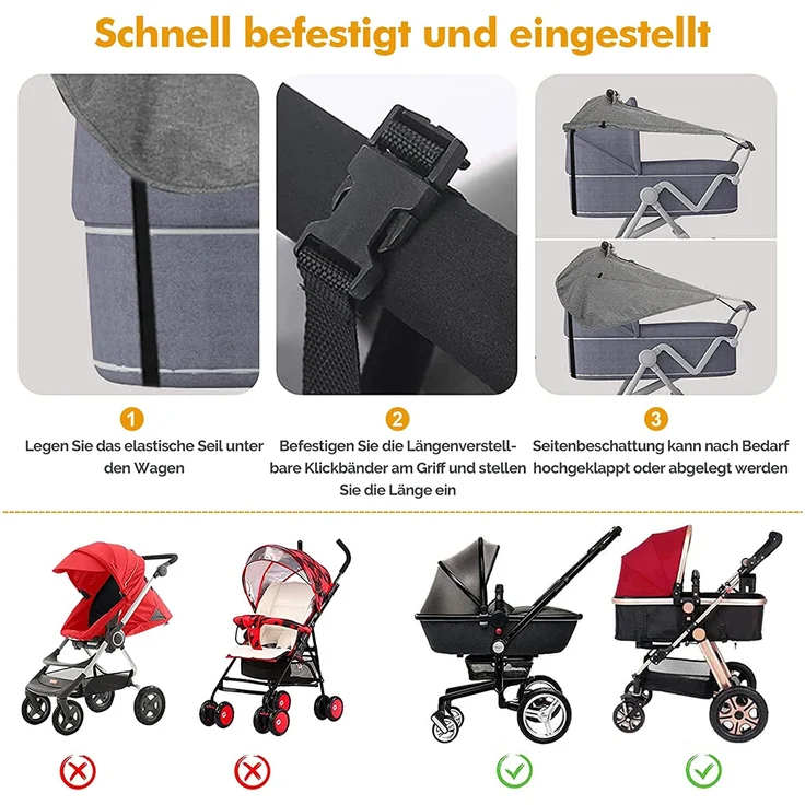 BENESINLU Sonnensegel Kinderwagen mit UV Schutz 50+ und Wasserdicht Sonnenschutz für Kinderwagen Buggy mit Sichtfenster und extra breite Schattenflügel, Grau – Bild 3