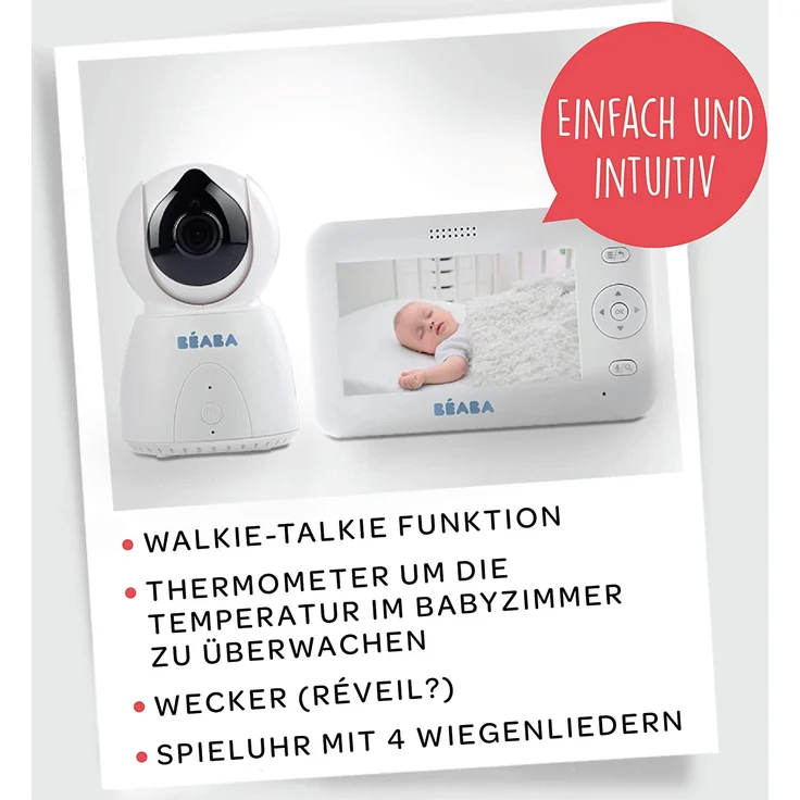 BÉABA, Babyphone mit kamera, Video-Babyphone Zen +, HD-Kamera, Walkie-Talkie, Babyphone mit großer Reichweite für Babys und Kleinkinder, Integriertes Thermometer, Alarm- und Timerfunktion, Weiß – Bild 5
