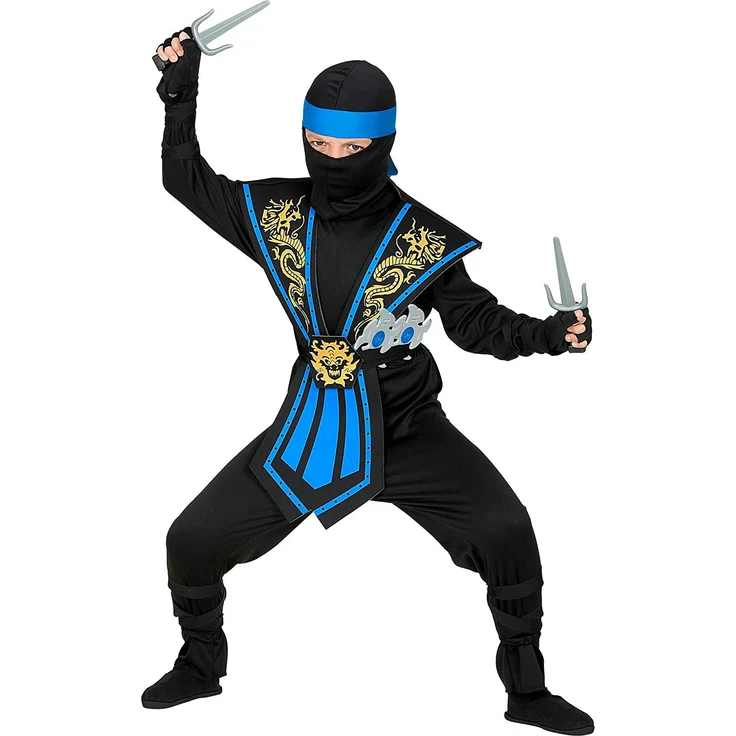 Kinder Kostüm Kombat Ninja in blau mit Waffenset - Kämpfer, 116 cm - 158 cm 116 cm - 4 - 5 Jahre – Bild 4