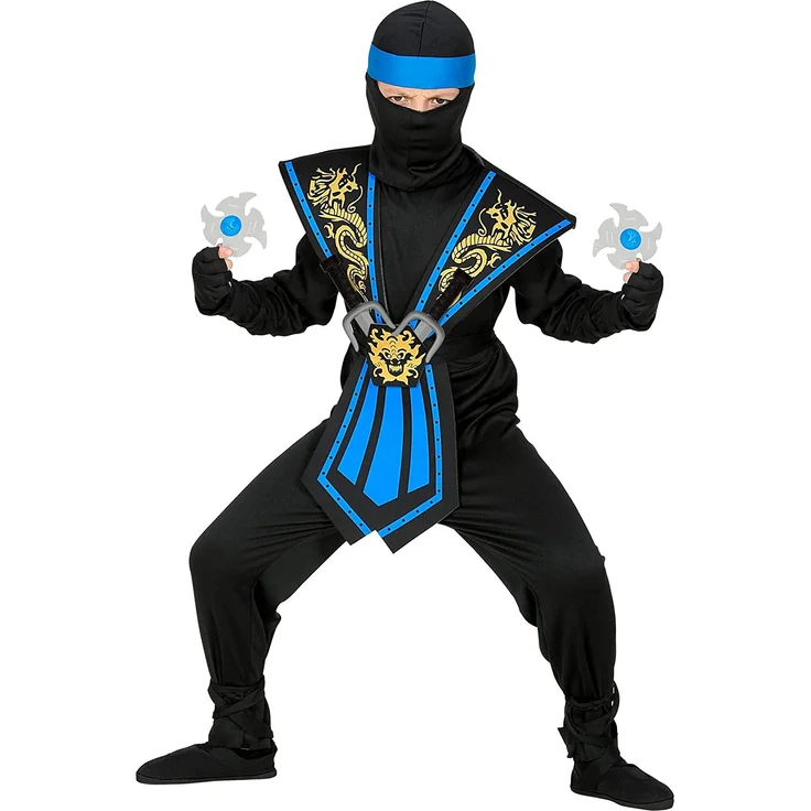 Kinder Kostüm Kombat Ninja in blau mit Waffenset - Kämpfer, 116 cm - 158 cm 116 cm - 4 - 5 Jahre – Bild 2
