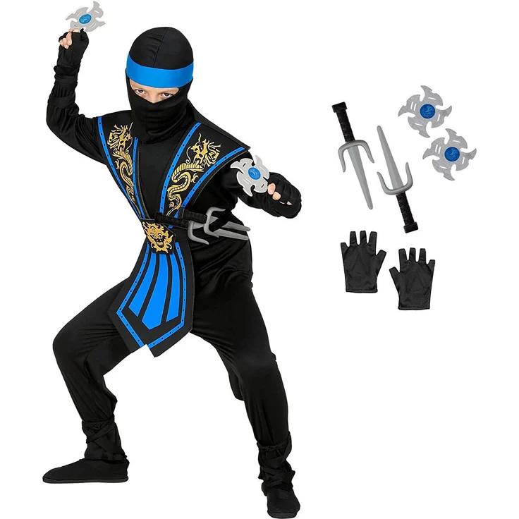 Kinder Kostüm Kombat Ninja in blau mit Waffenset - Kämpfer, 116 cm - 158 cm 116 cm - 4 - 5 Jahre – Bild 1