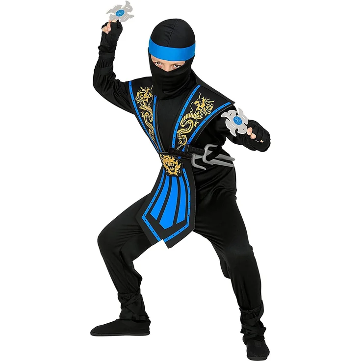 Kinder Kostüm Kombat Ninja in blau mit Waffenset - Kämpfer, 116 cm - 158 cm 116 cm - 4 - 5 Jahre – Bild 3