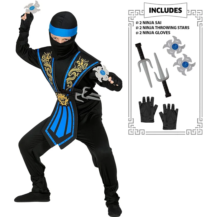 Kinder Kostüm Kombat Ninja in blau mit Waffenset - Kämpfer, 116 cm - 158 cm 116 cm - 4 - 5 Jahre – Bild 6