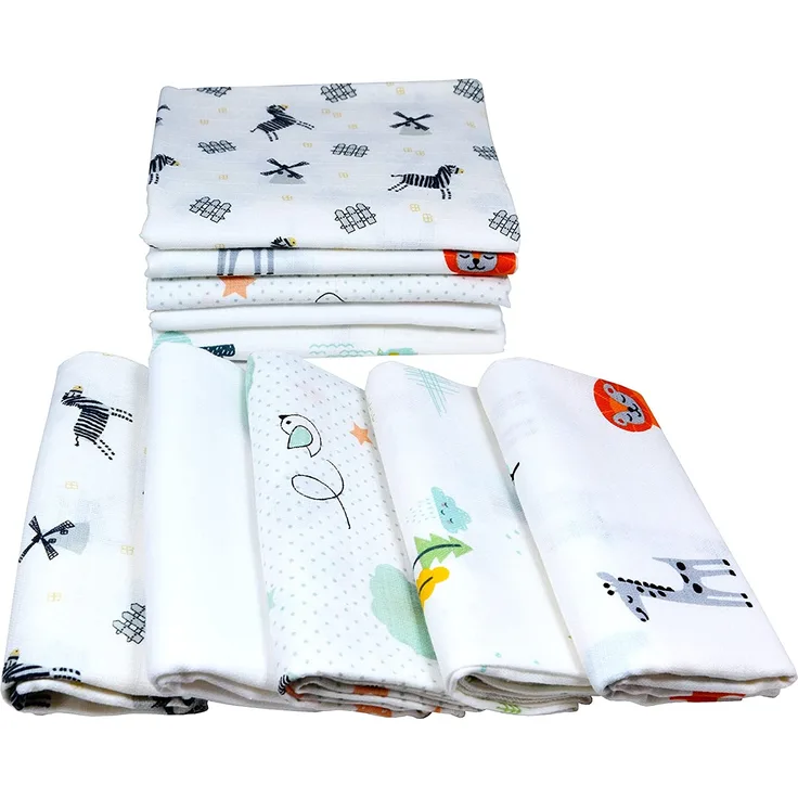 Mullwindeln 10 Stück Mix | Spucktücher Baby | Stoffwindeln 80 x 70 cm | Saugfähige Mulltücher | Öko-Tex (Set Unisex Tiere)