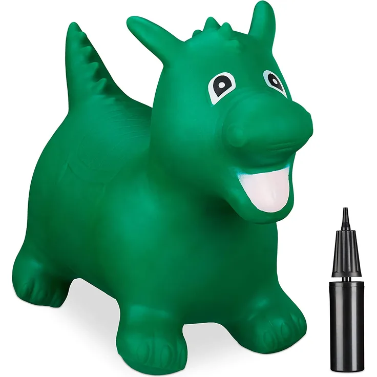 Relaxdays Hüpftier Drache, inklusive Luftpumpe, Sprungtier bis 80 kg, Hopser BPA frei, für Kinder, Hüpfspielzeug, grün