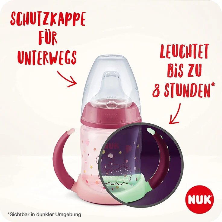 NUK First Choice Trinklernflasche mit Leuchteffekt, 6-18 Monate, 150 ml, Anti-Colic-Ventil, auslaufsicherer Trinkschnabel, Ergonomische Griffe, BPA-frei, Hase (pink), 1 Stück (1er Pack), 10215373 – Bild 4