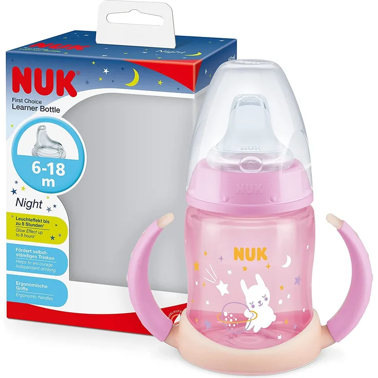 NUK First Choice Trinklernflasche mit Leuchteffekt, 6-18 Monate, 150 ml, Anti-Colic-Ventil, auslaufsicherer Trinkschnabel, Ergonomische Griffe, BPA-frei, Hase (pink), 1 Stück (1er Pack), 10215373
