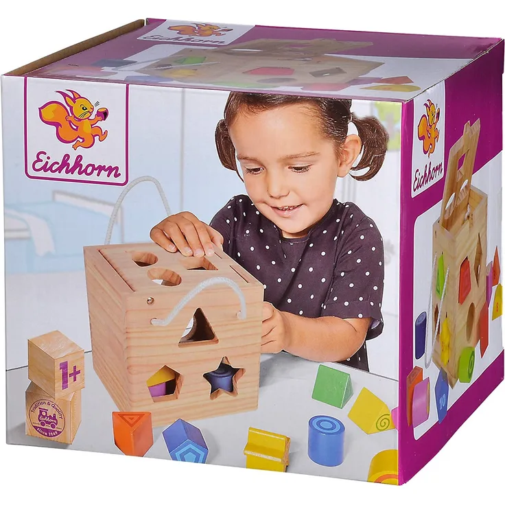 Eichhorn Steckwürfel aus Holz, Kiefernholz, Motorikwürfel mit 12 Steckbausteinen, Holzspielzeug für Kinder ab 12 Monaten, Größe: 14,5x14,5x14,5 cm