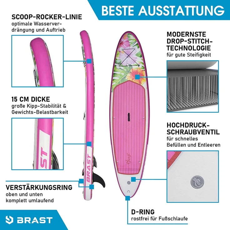 BRAST SUP Board Lady Aufblasbares Stand up Paddle Set für Frauen 300cm Eden incl. Zubehör 5 Jahre Garantie Fußschlaufe Paddel Pumpe Rucksack - Preisvergleich – Bild 4